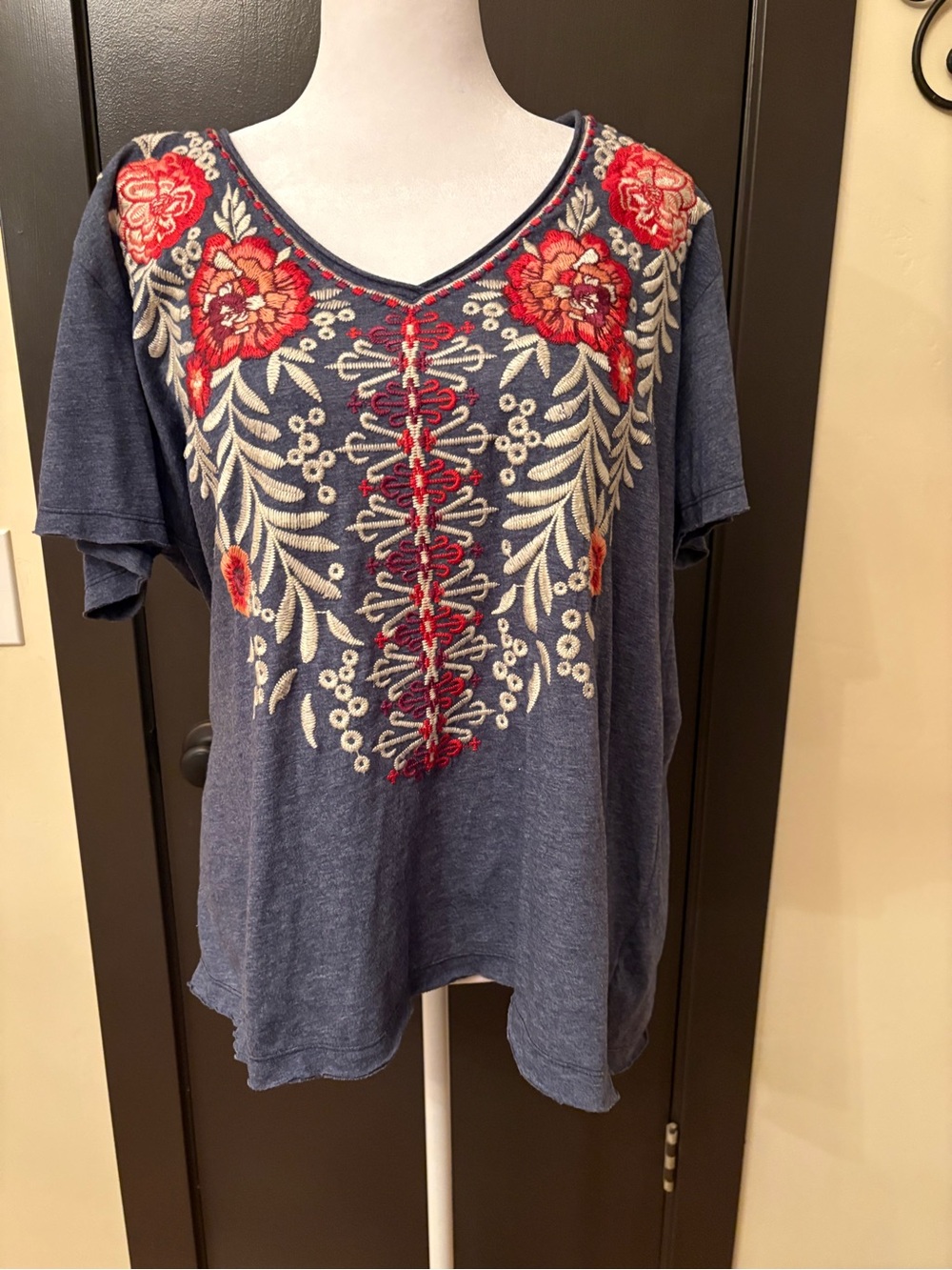 Maya Everyday Tee- Johnny Was embroi V-Neck Floral Tee - with Red & WhiteAccents